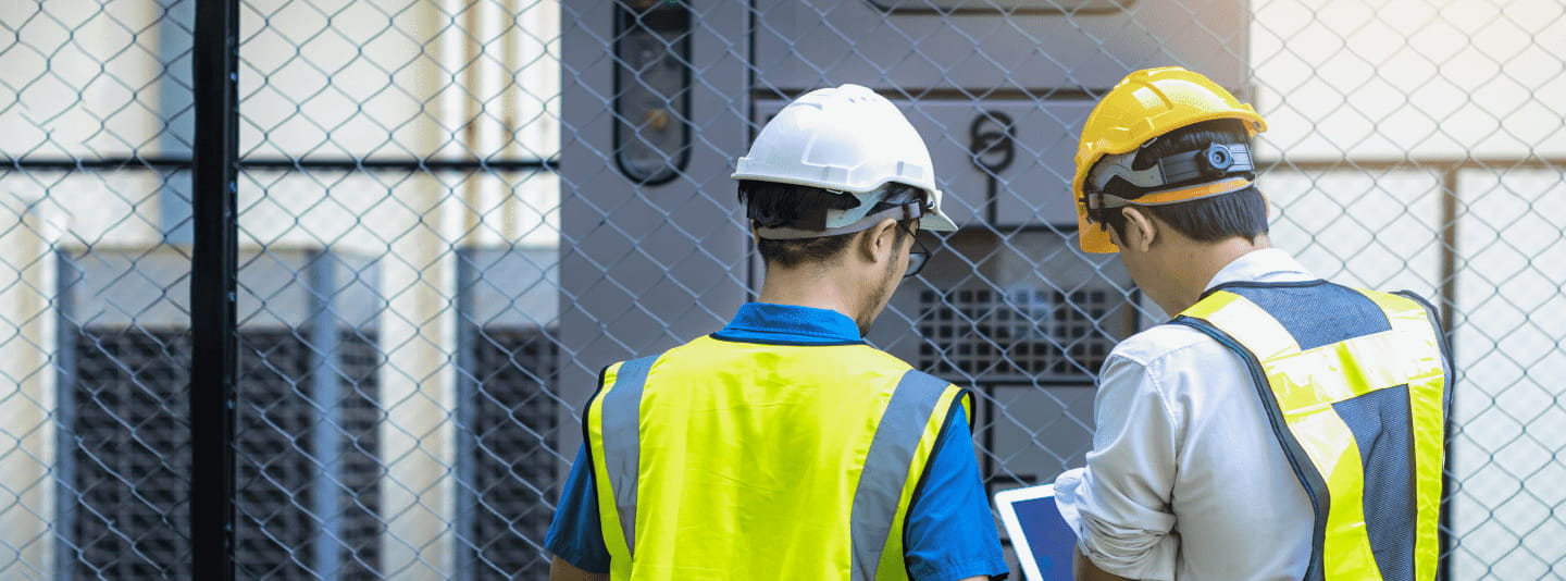 Trade business professionals reviewing a job on a tablet on site.