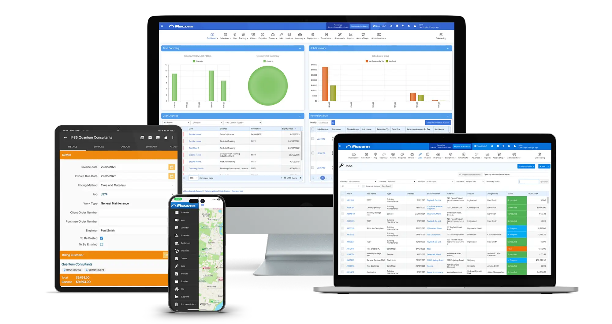 A laptop, iPhone, and tablet displaying different app interfaces.