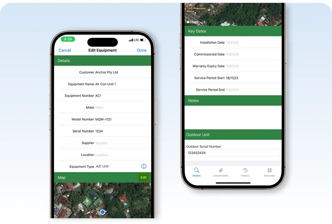 Ascora enables you to customize equipment details on the mobile app.