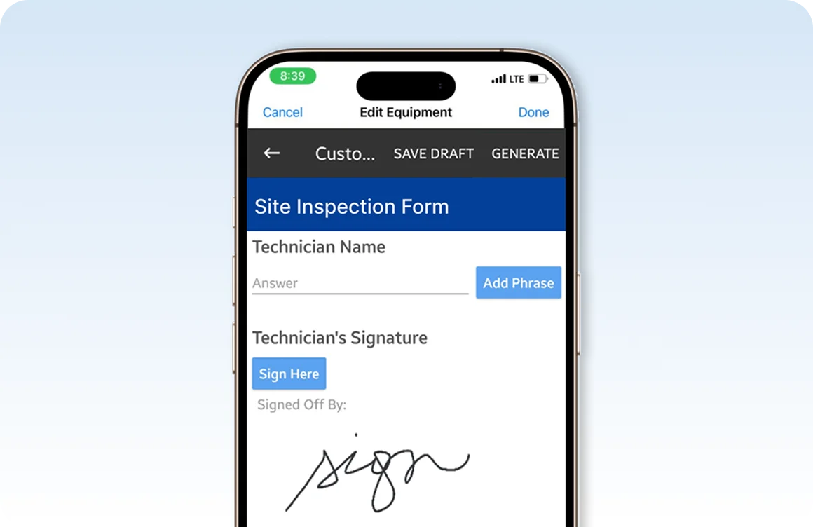 Ascora enables you to customize equipment details on the mobile app.