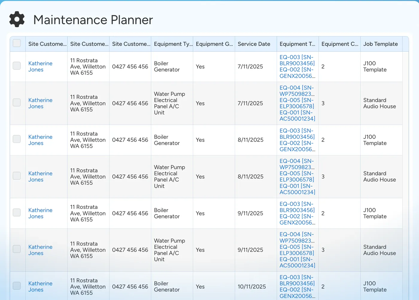 Ascora maintenance planner - recurring HVAC service visits by site, equipment and job template