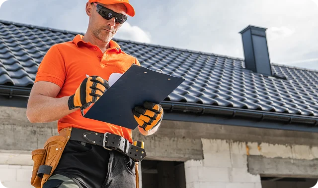 A construction worker in orange attire and gloves holds a clipboard while inspecting a building site with a partially finished roof.