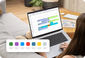 Illustration of a laptop displaying a scheduler with custom color-coded jobs and quotes.