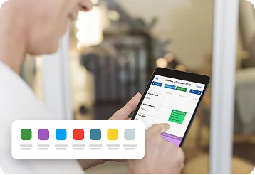 Illustration of a laptop displaying a scheduler with custom color-coded jobs and quotes.