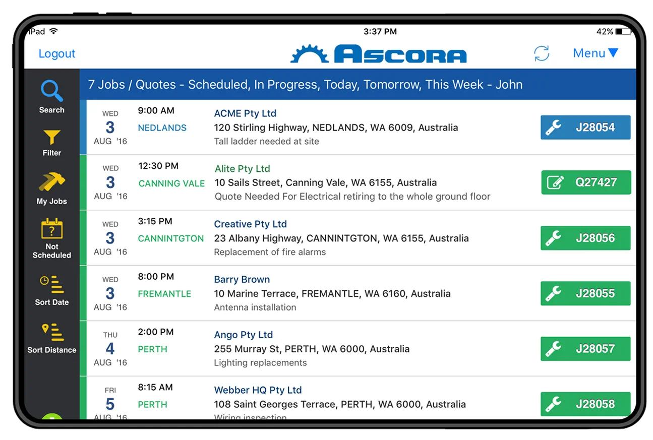 Ascora field app jobs list