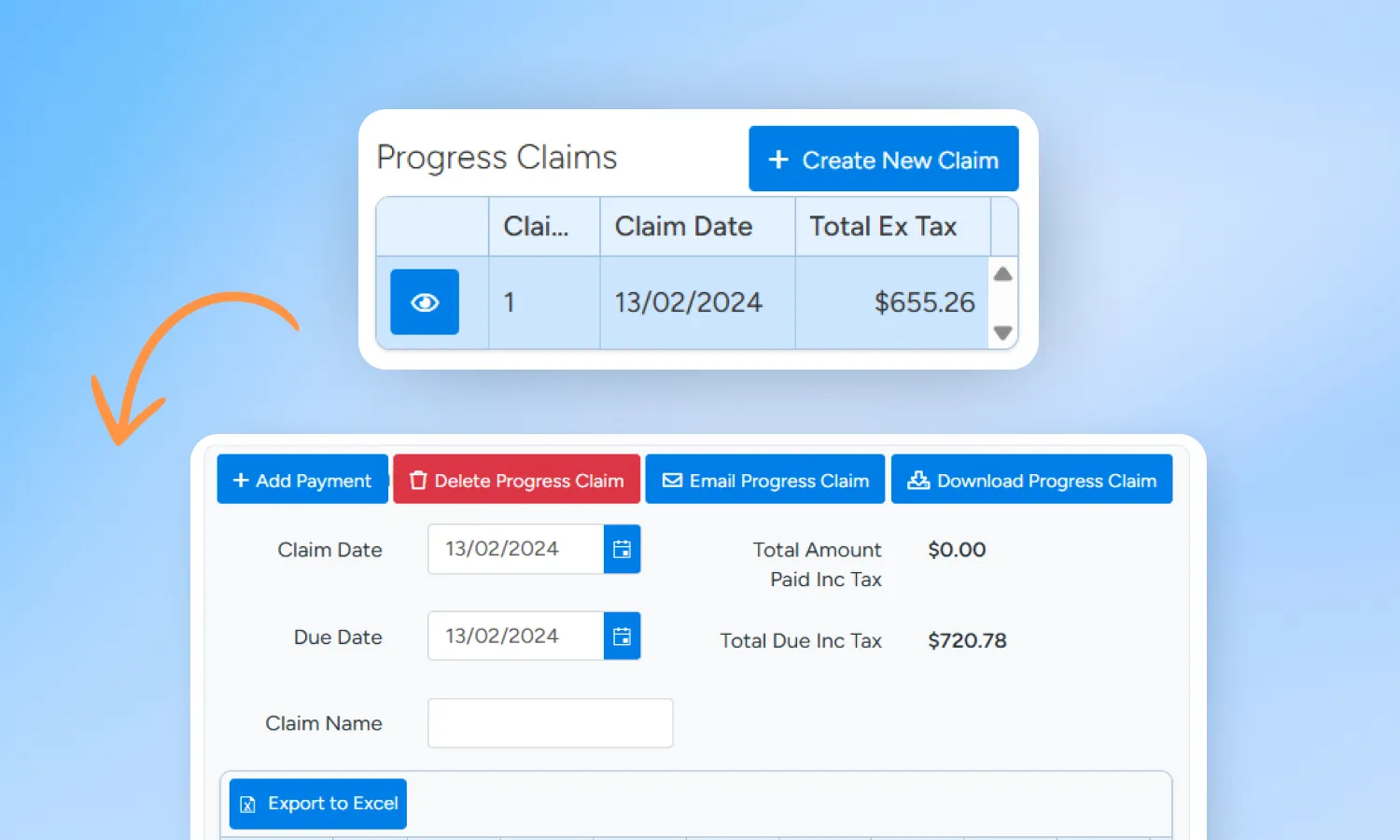 Raise progress claims against contract value