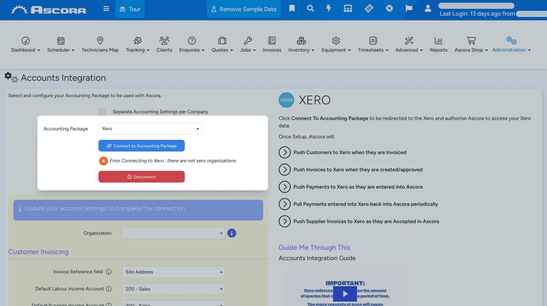 Tablet showing Ascora Accounts integration, click to play walkthrough