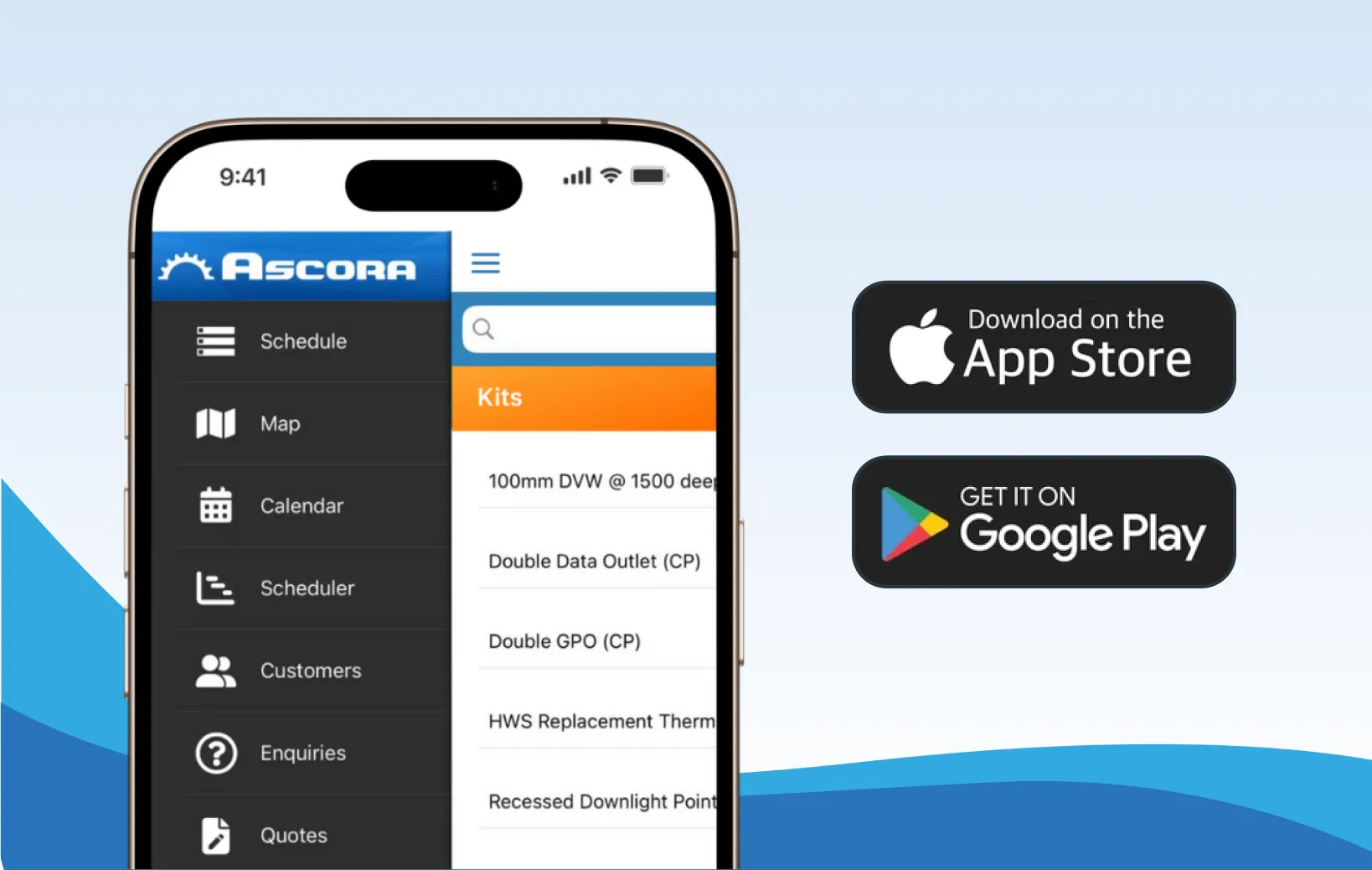 Tablet showing the Ascora mobile app