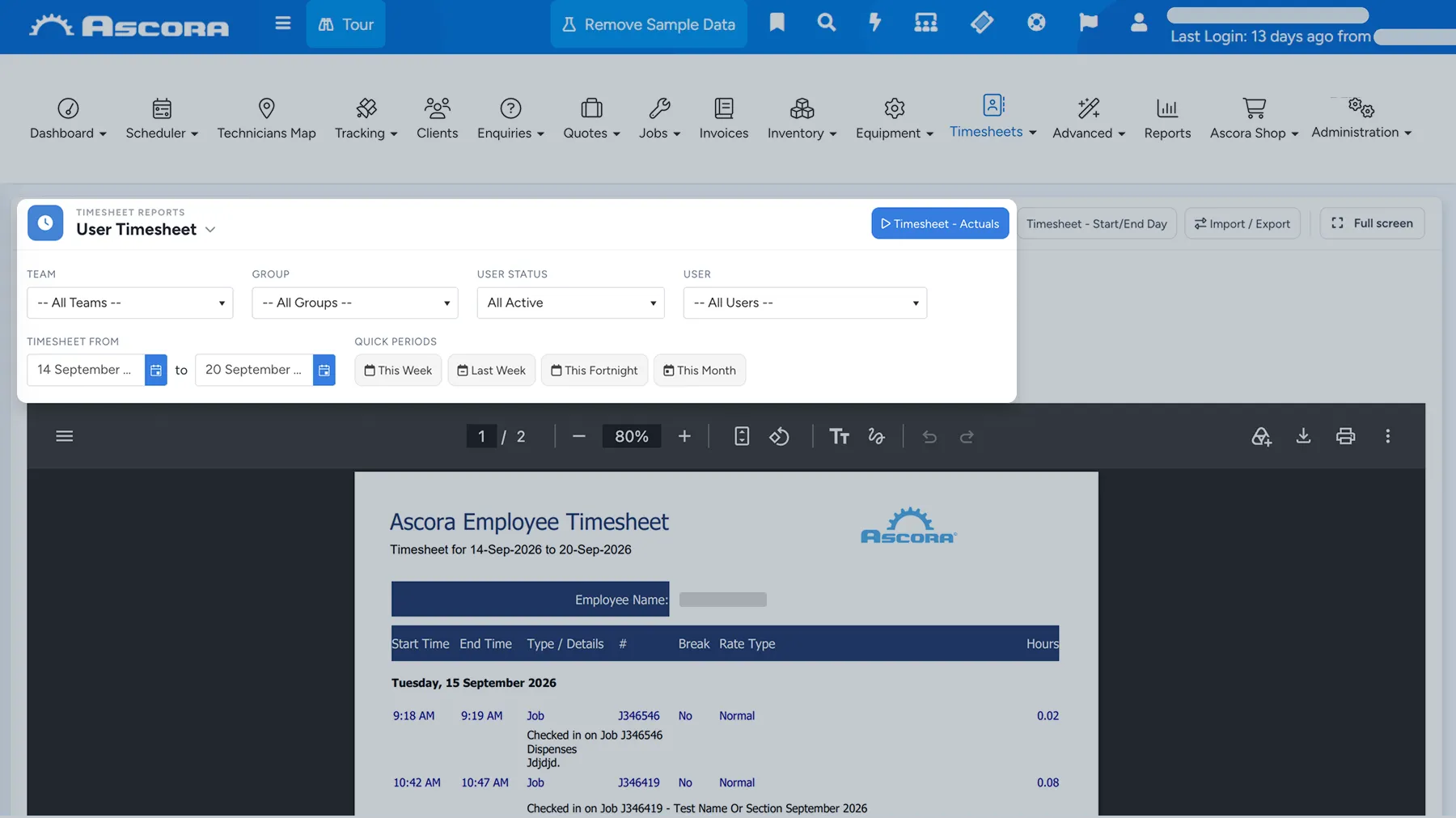 Tablet showing Ascora Timesheets, click to play walkthrough