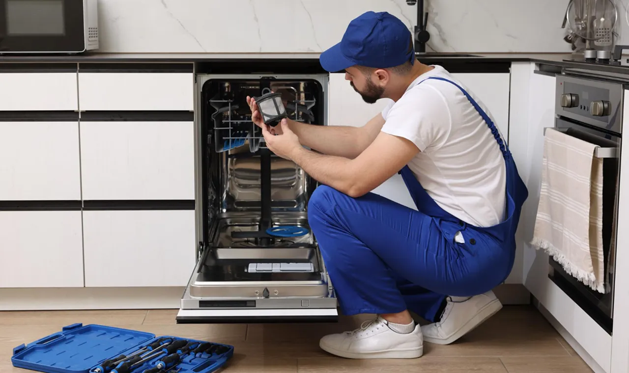 A technician in blue overalls kneels in front of an open dishwasher in a modern kitchen, examining a part. A toolbox with various tools is on the floor.