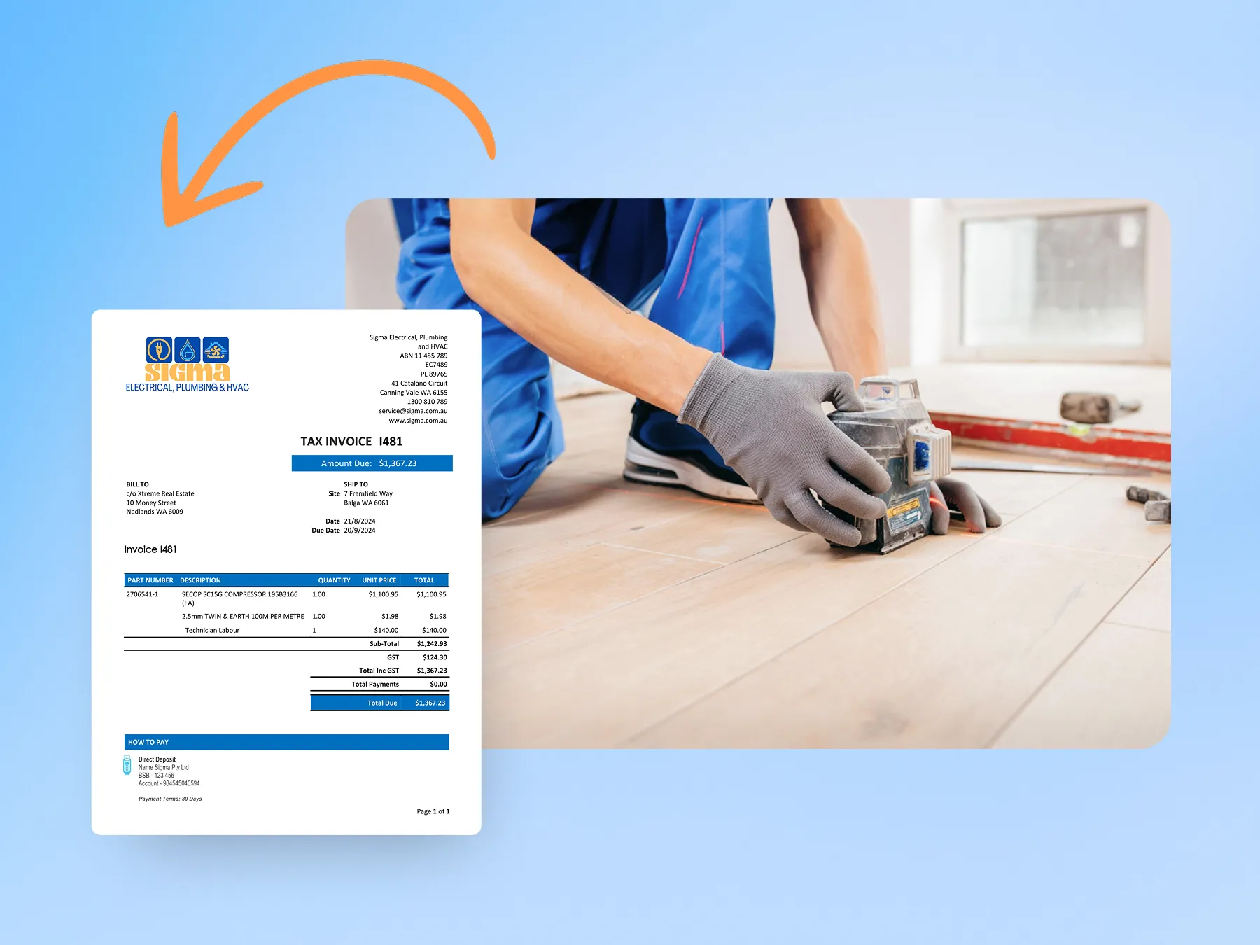 Marketing graphic showcasing invoice creation from quote.