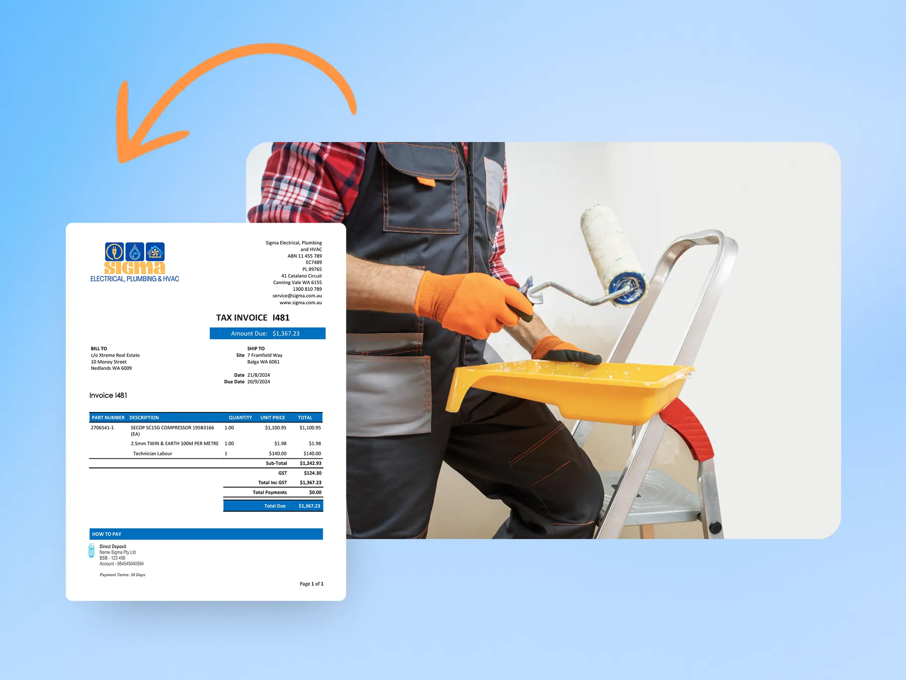 Marketing graphic showcasing invoice creation from a painting quote.