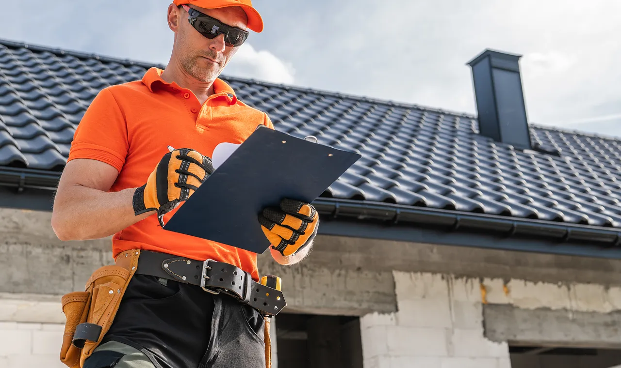 Roofer working on the roof of a house with tools and tiles in hand.