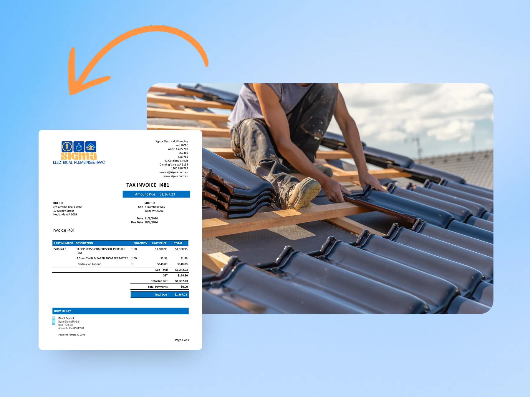 Marketing graphic showcasing invoice creation from a roofing quote.