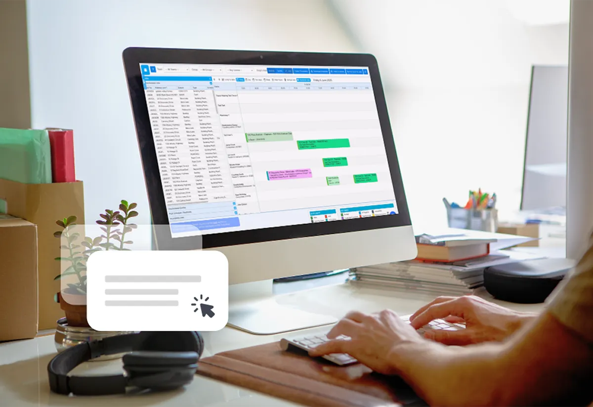 Person working at a desk on a computer displaying a calendar or scheduling software, with various office supplies and headphones nearby.