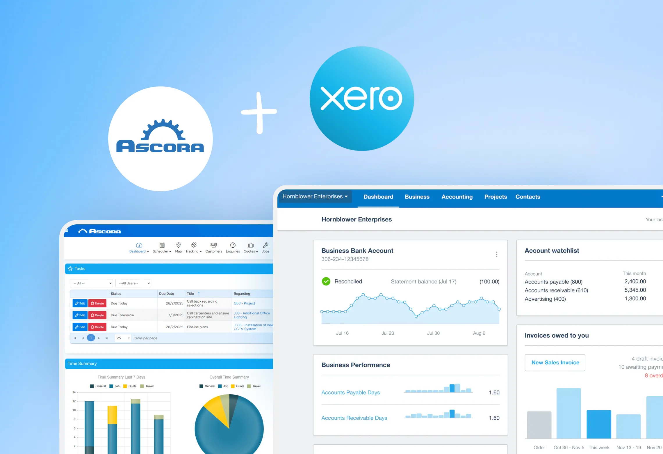 Tradesperson reviewing invoices and job costs on a tablet, syncing data between Ascora and Xero.